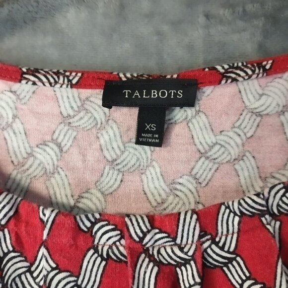 Talbots Women Geometric Print Blouse XS Red Short Sleeve Rayon Career Classic - Picture 2 of 8